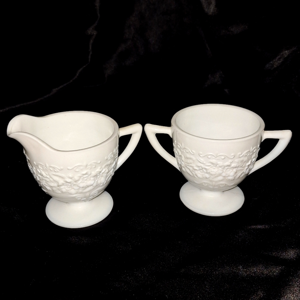 Vintage Indian Co. Pressed Milk Glass~Sugar Bowl and Creamer Set~Orange Blossom